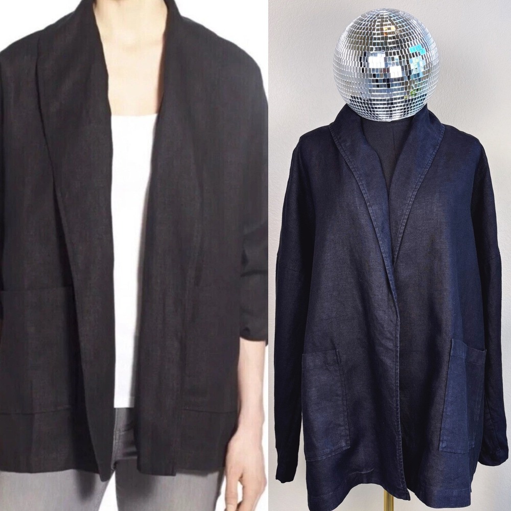 Eileen Fisher Open Front Linen Jacket, Black, Size Medium Lagenlook minimalist